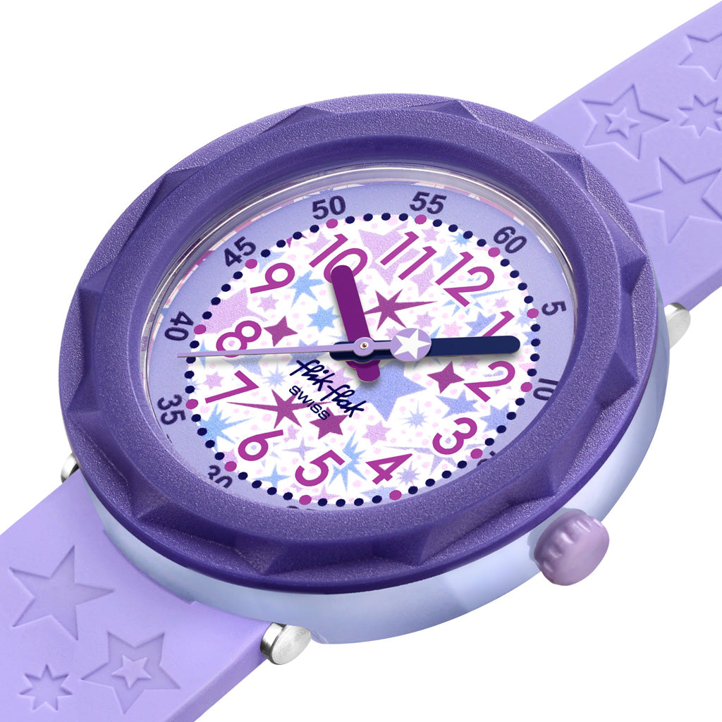 Flik Flak Kinderuhr GALAXOLOGY ZFCSP135 Armbanduhr mit violettem bio-basierter Kunststoffgehäuse und violettem Silikon/Kautschuckarmband