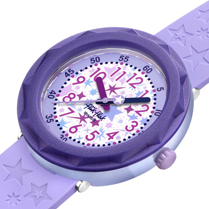 Flik Flak Kinderuhr GALAXOLOGY ZFCSP135 Armbanduhr mit violettem bio-basierter Kunststoffgehäuse und violettem Silikon/Kautschuckarmband
