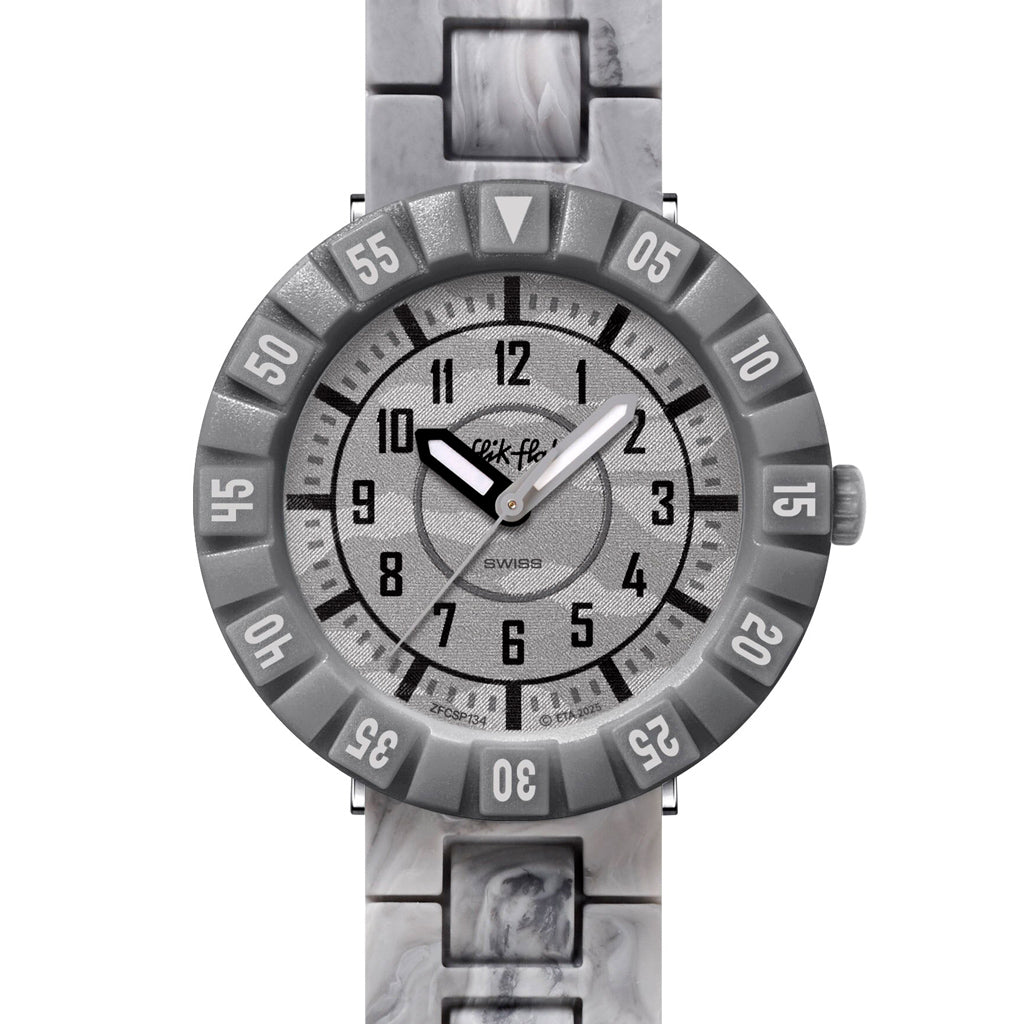 Flik Flak Kinderuhr LUNAR BRICK ZFCSP134 Armbanduhr mit grauem bio-basierter Kunststoffgehäuse und grauem Silikon/Kautschuckarmband