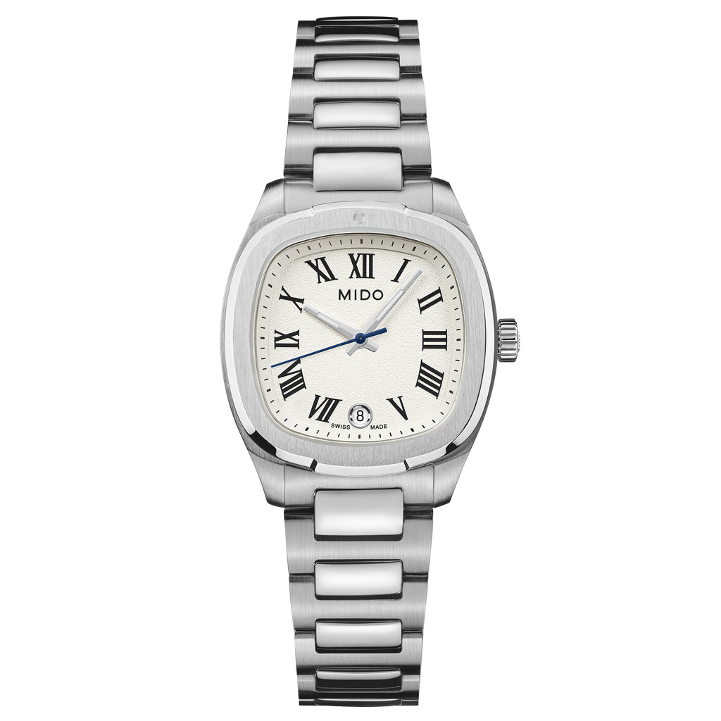 Mido Multifort TV 28 Silver White M049.110.11.263.00 Armbanduhr mit silberfarbenem Edelstahlgehäuse und silberfarbenem Edelstahlarmband