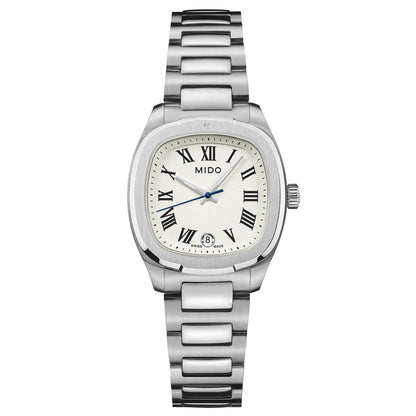 Mido Multifort TV 28 Silver White M049.110.11.263.00 Armbanduhr mit silberfarbenem Edelstahlgehäuse und silberfarbenem Edelstahlarmband