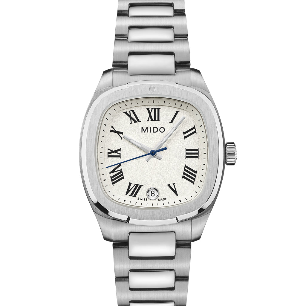Mido Multifort TV 28 Silver White M049.110.11.263.00 Armbanduhr mit silberfarbenem Edelstahlgehäuse und silberfarbenem Edelstahlarmband