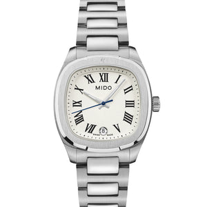 Mido Multifort TV 28 Silver White M049.110.11.263.00 Armbanduhr mit silberfarbenem Edelstahlgehäuse und silberfarbenem Edelstahlarmband