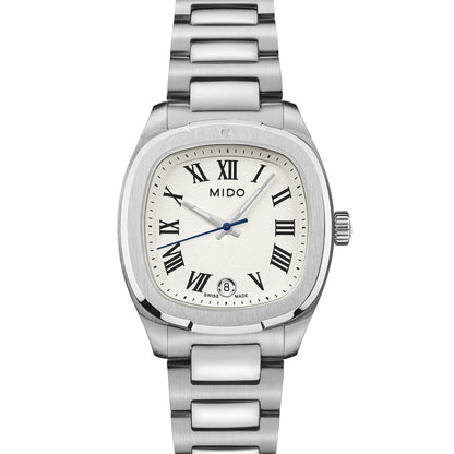 Mido Multifort TV 28 Silver White M049.110.11.263.00 Armbanduhr mit silberfarbenem Edelstahlgehäuse und silberfarbenem Edelstahlarmband