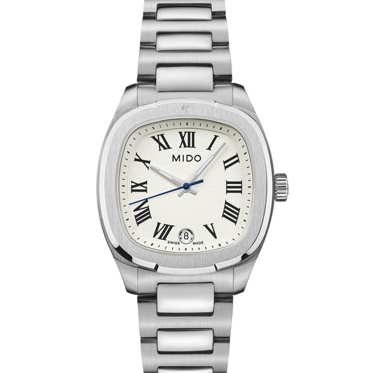 Mido Multifort TV 28 Silver White M049.110.11.263.00 Armbanduhr mit silberfarbenem Edelstahlgehäuse und silberfarbenem Edelstahlarmband