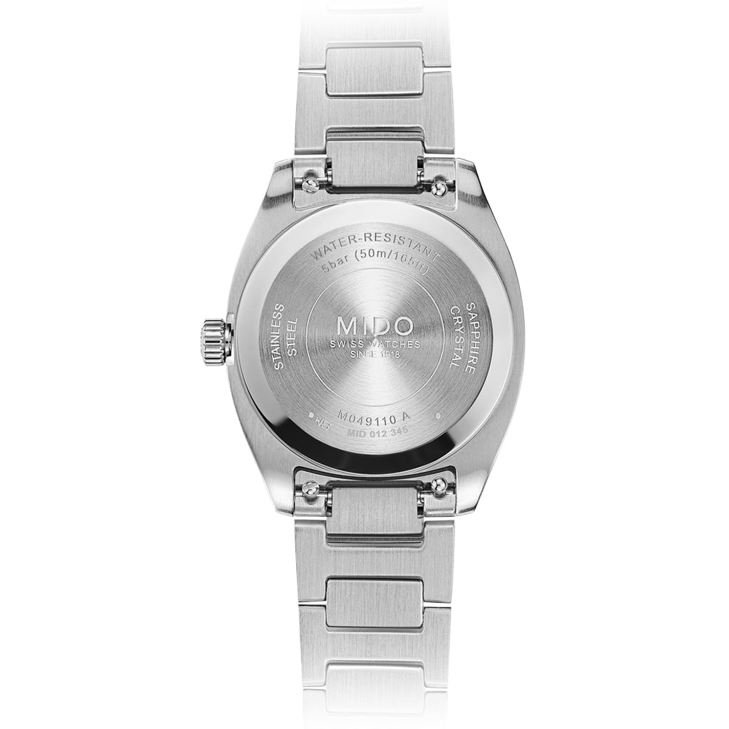 Mido Multifort TV 28 Silver White M049.110.11.263.00 Armbanduhr mit silberfarbenem Edelstahlgehäuse und silberfarbenem Edelstahlarmband