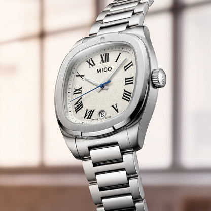 Mido Multifort TV 28 Silver White M049.110.11.263.00 Armbanduhr mit silberfarbenem Edelstahlgehäuse und silberfarbenem Edelstahlarmband