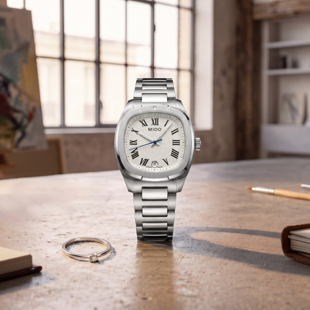 Mido Multifort TV 28 Silver White M049.110.11.263.00 Armbanduhr mit silberfarbenem Edelstahlgehäuse und silberfarbenem Edelstahlarmband