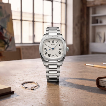 Mido Multifort TV 28 Silver White M049.110.11.263.00 Armbanduhr mit silberfarbenem Edelstahlgehäuse und silberfarbenem Edelstahlarmband