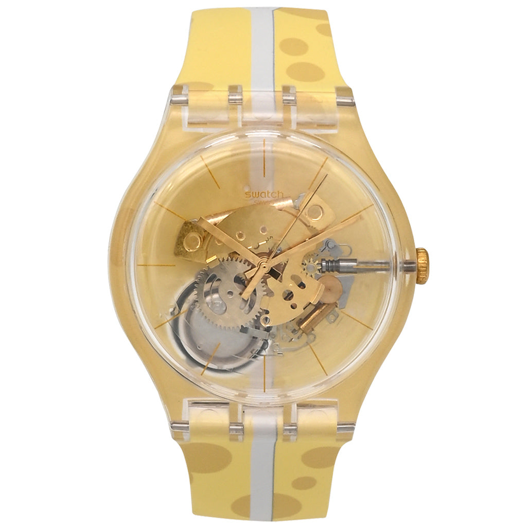 Swatch New Gent DRIVE THRU CHEESE - Drive In Special Armbanduhr mit transparentgelbem Kunststoffgehäuse und gelbem Silikon/Kautschukarmband