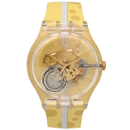 Swatch New Gent DRIVE THRU CHEESE - Drive In Special Armbanduhr mit transparentgelbem Kunststoffgehäuse und gelbem Silikon/Kautschukarmband