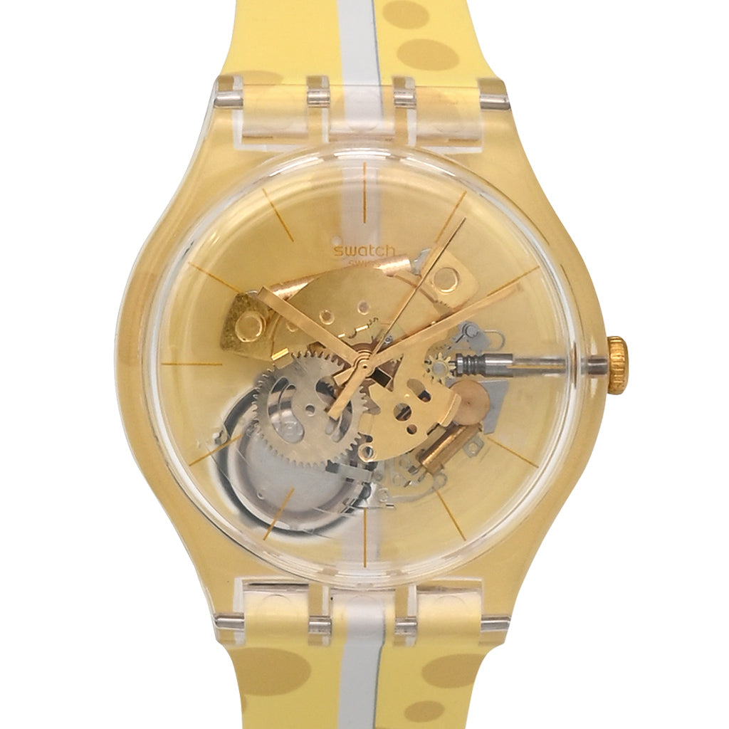 Swatch New Gent DRIVE THRU CHEESE - Drive In Special Armbanduhr mit transparentgelbem Kunststoffgehäuse und gelbem Silikon/Kautschukarmband