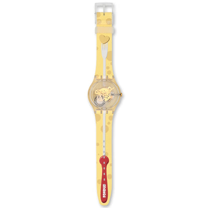 Swatch New Gent DRIVE THRU CHEESE - Drive In Special Armbanduhr mit transparentgelbem Kunststoffgehäuse und gelbem Silikon/Kautschukarmband