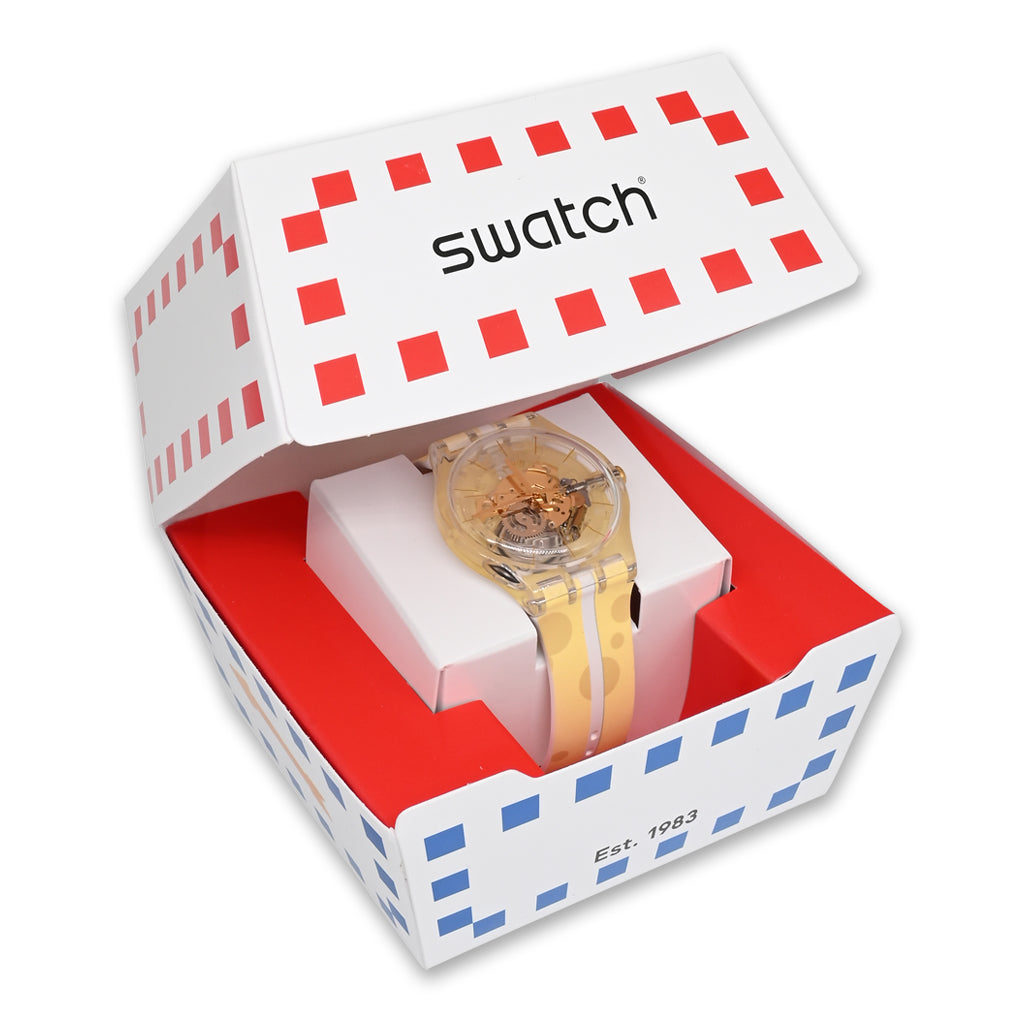Swatch New Gent DRIVE THRU CHEESE - Drive In Special Armbanduhr mit transparentgelbem Kunststoffgehäuse und gelbem Silikon/Kautschukarmband