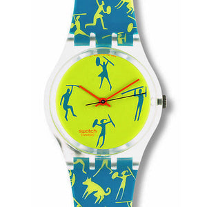 Swatch Gent African Can GK120 Armbanduhr mit transparentem Kunststoffgehäuse, gelbem Zifferblatt und grünem Armband