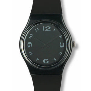 Swatch Gent After Dark GB144 Armbanduhr mit schwarzem Kunststoffgehäuse, schwarzem Zifferblatt und schwarzem Armband