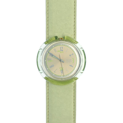 Midi Pop Swatch Asparagus PMK111 Armbanduhr mit grünem Gehäuse, cremefarbenem Zifferblatt und grünem Armband
