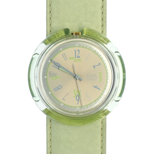 Midi Pop Swatch Asparagus PMK111 Armbanduhr mit grünem Gehäuse, cremefarbenem Zifferblatt und grünem Armband