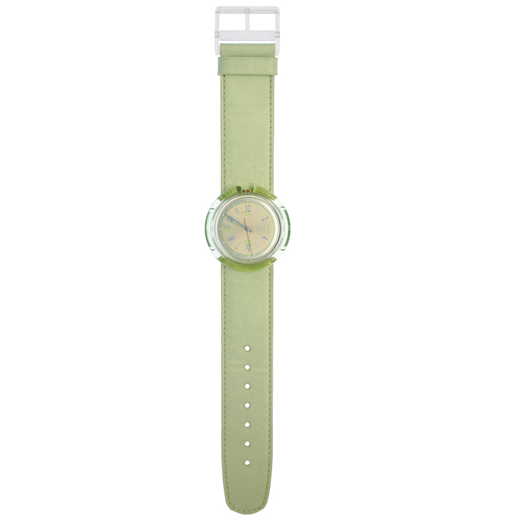 Midi Pop Swatch Asparagus PMK111 Armbanduhr mit grünem Gehäuse, cremefarbenem Zifferblatt und grünem Armband