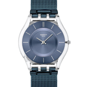 Swatch Skin Classic COOL SKIES SS08K120M Armbanduhr mit transparentem Gehäuse, blauem Zifferblatt und blauem Armband