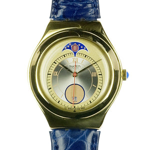 Swatch Irony Big Handsome Prince YGG400 Armbanduhr mit goldfarbenem Gehäuse, goldfarbenem Zifferblatt und blauem Armband