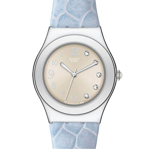 Swatch Irony Medium Heartfelt YLS165STD Armbanduhr mit silberfarbenem Gehäuse, blauem Zifferblatt und blauem Armband