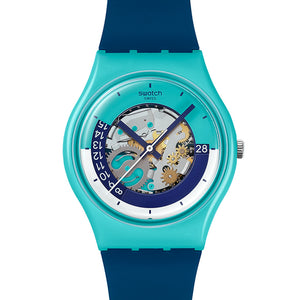 Swatch Gent IF NOT NOW, WHEN? SO28L400 Armbanduhr mit gelbem bio-basierter Kunststoffgehäuse und blauem Silikon/Kautschuckarmband
