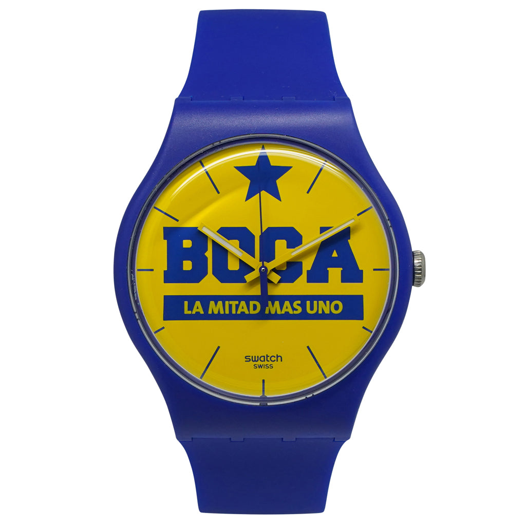 Produktfoto-3 der New Gent Armbanduhr LA MITAD MÁS UNO Set (BOCA) – SUOZ177 zeigt Uhr aufgespannt mit gelbem Zifferblatt und blauem Stern.