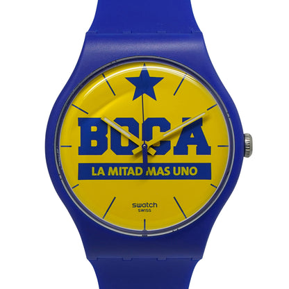Produktfoto-3 der New Gent Armbanduhr LA MITAD MÁS UNO Set (BOCA) – SUOZ177 zeigt Uhrenkopf mit gelbem Zifferblatt und blauem Stern im Größenverhältnis.