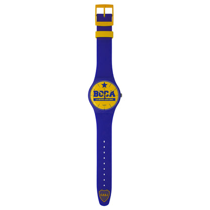 Produktfoto-3 der New Gent Armbanduhr LA MITAD MÁS UNO Set (BOCA) – SUOZ177: Komplette Uhr mit blauem Band und gelbem Zifferblatt mit BOCA‑Motiv.