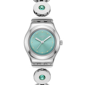 Swatch Irony Lady MINTY INSPIRANCE YSS355G Armbanduhr mit silberfarbenem Edelstahlgehäuse und silberfarbenem Edelstahlarmband