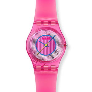 Swatch Lady PRISMATICALLY PINK LP166 Damenuhr mit rosafarbenem Kunststoffgehäuse, rosafarbenem Zifferblatt und rosafarbenem Silikonarmband