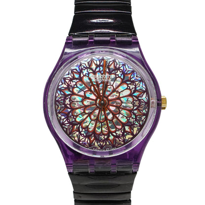 Swatch Gent Quasimodo Flex GV108C Armbanduhr mit lila Kunststoffgehäuse, lila Zifferblatt und lila Kunststoffarmband