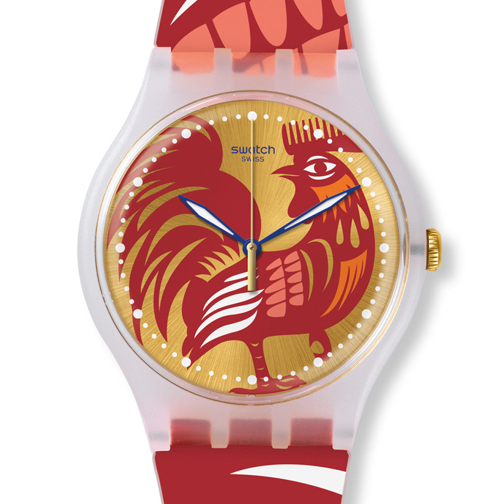 Swatch New Gent Special Rocking Rooster / Chinese New Year 2017 Armbanduhr mit weißem Gehäuse, goldrotem Zifferblatt und rotweißem Armband
