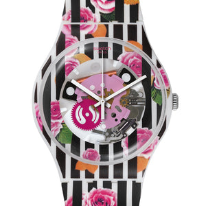Swatch New Gent Rose Explosion SUOW110 Armbanduhr mit buntem Gehäuse, buntem Zifferblatt und buntem Armband
