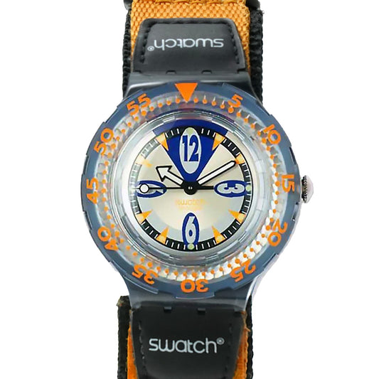Swatch Scuba 200 Starflash Klettband SDM103C Armbanduhr mit grauem Kunststoffgehäuse und orangefarbenem Kunststoffarmband