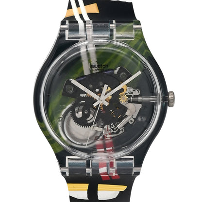 Swatch New Gent SUSHI SAN - Drive Thru Special Armbanduhr mit transparentschwarzem Kunststoffgehäuse und transparentbuntem Zifferblatt