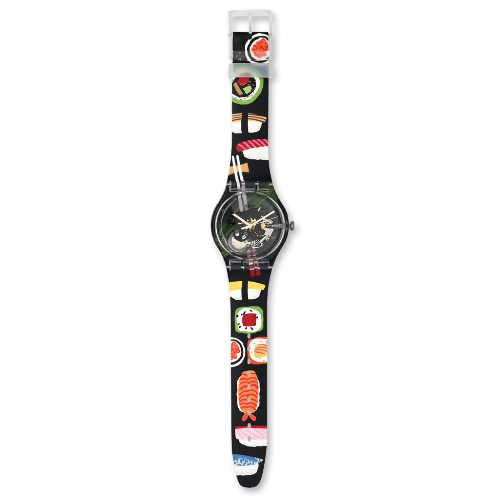 Swatch New Gent SUSHI SAN - Drive Thru Special Armbanduhr mit transparentschwarzem Kunststoffgehäuse und transparentbuntem Zifferblatt