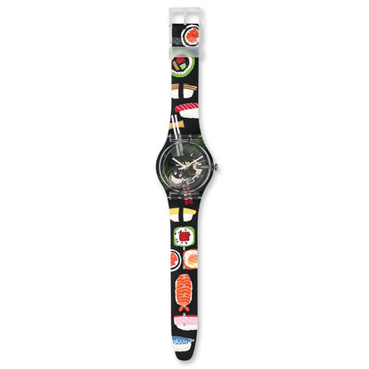Swatch New Gent SUSHI SAN - Drive Thru Special Armbanduhr mit transparentschwarzem Kunststoffgehäuse und transparentbuntem Zifferblatt