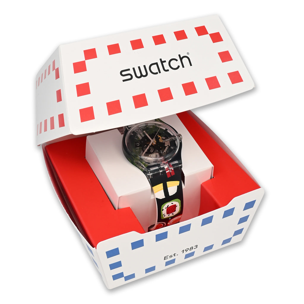 Swatch New Gent SUSHI SAN - Drive Thru Special Armbanduhr mit transparentschwarzem Kunststoffgehäuse und transparentbuntem Zifferblatt