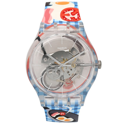 Swatch New Gent MORNING BOOST - Drive Thru Special Armbanduhr mit transparentblauem Kunststoffgehäuse und transparentem Zifferblatt