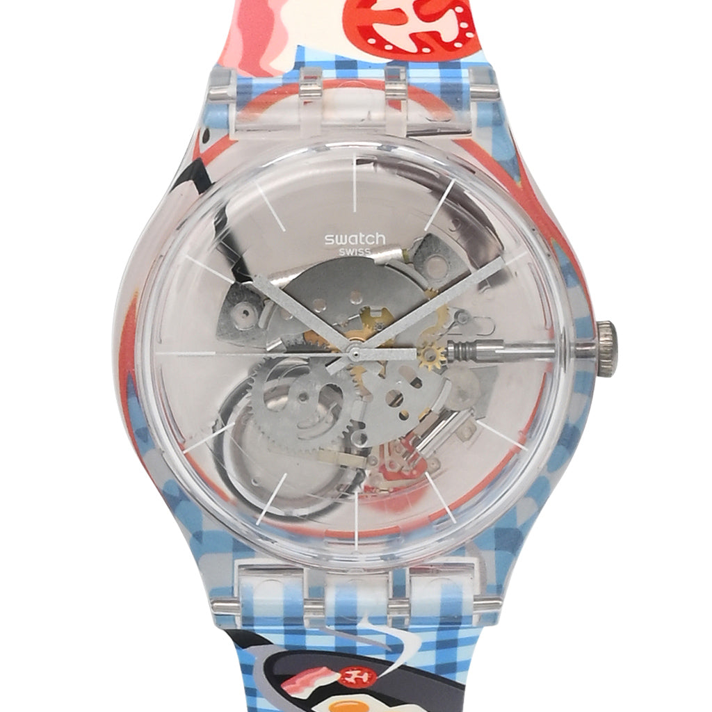 Swatch New Gent MORNING BOOST - Drive Thru Special Armbanduhr mit transparentblauem Kunststoffgehäuse und transparentem Zifferblatt