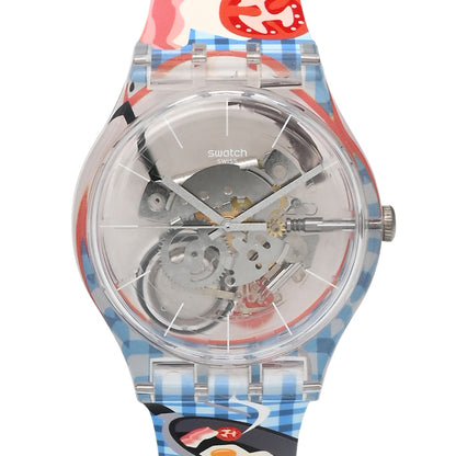 Swatch New Gent MORNING BOOST - Drive Thru Special Armbanduhr mit transparentblauem Kunststoffgehäuse und transparentem Zifferblatt