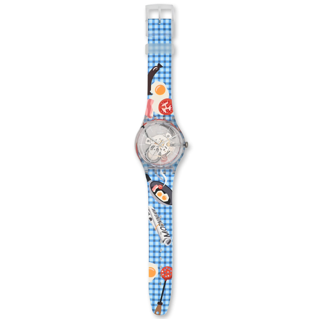 Swatch New Gent MORNING BOOST - Drive Thru Special Armbanduhr mit transparentblauem Kunststoffgehäuse und transparentem Zifferblatt