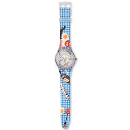 Swatch New Gent MORNING BOOST - Drive Thru Special Armbanduhr mit transparentblauem Kunststoffgehäuse und transparentem Zifferblatt