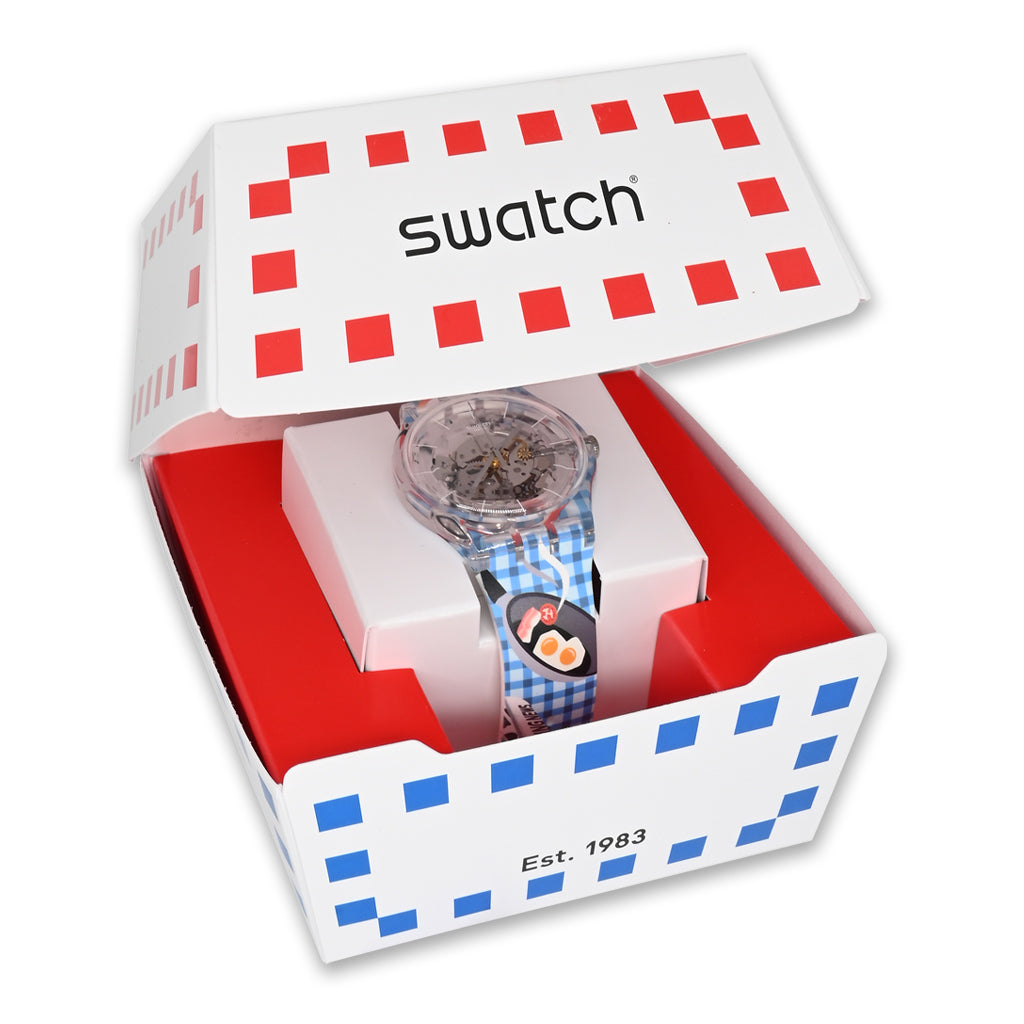 Swatch New Gent MORNING BOOST - Drive Thru Special Armbanduhr mit transparentblauem Kunststoffgehäuse und transparentem Zifferblatt
