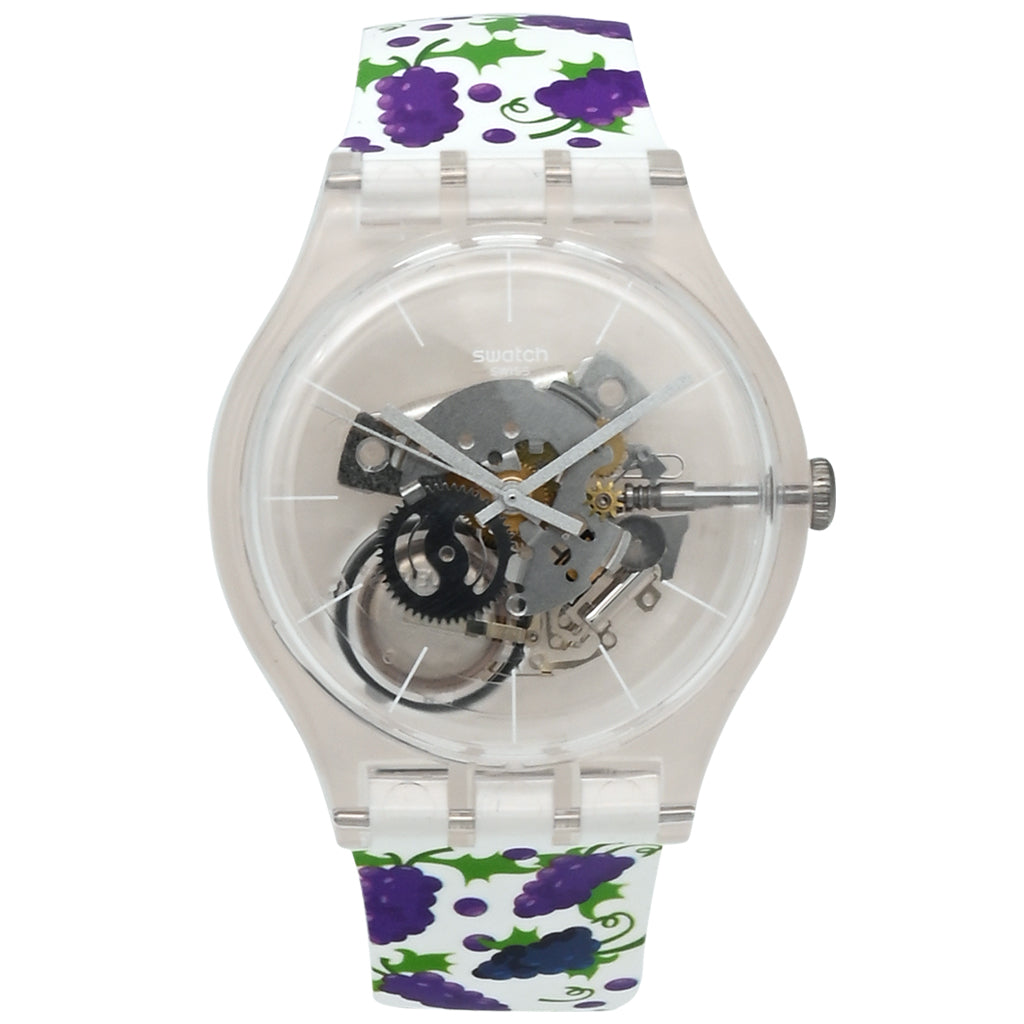 Swatch New Gent VENDANGEONS! - Drive In Special Armbanduhr mit transparentweißem Kunststoffgehäuse und transparentweißem Zifferblatt