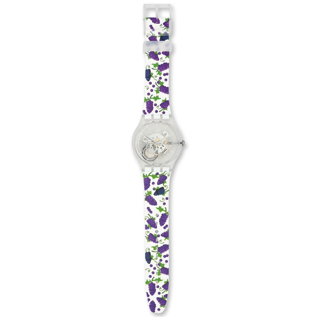 Swatch New Gent VENDANGEONS! - Drive In Special Armbanduhr mit transparentweißem Kunststoffgehäuse und transparentweißem Zifferblatt