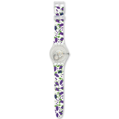 Swatch New Gent VENDANGEONS! - Drive In Special Armbanduhr mit transparentweißem Kunststoffgehäuse und transparentweißem Zifferblatt