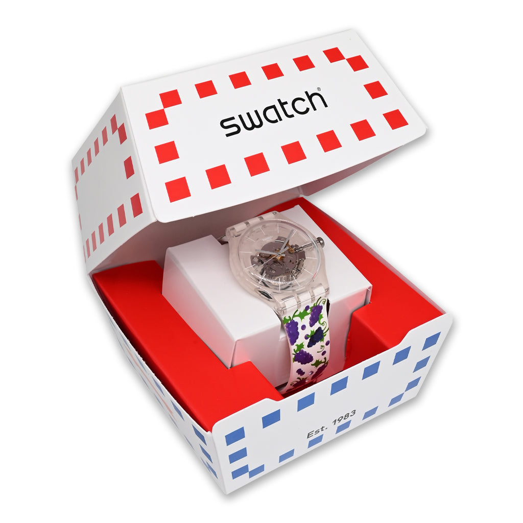 Swatch New Gent VENDANGEONS! - Drive In Special Armbanduhr mit transparentweißem Kunststoffgehäuse und transparentweißem Zifferblatt